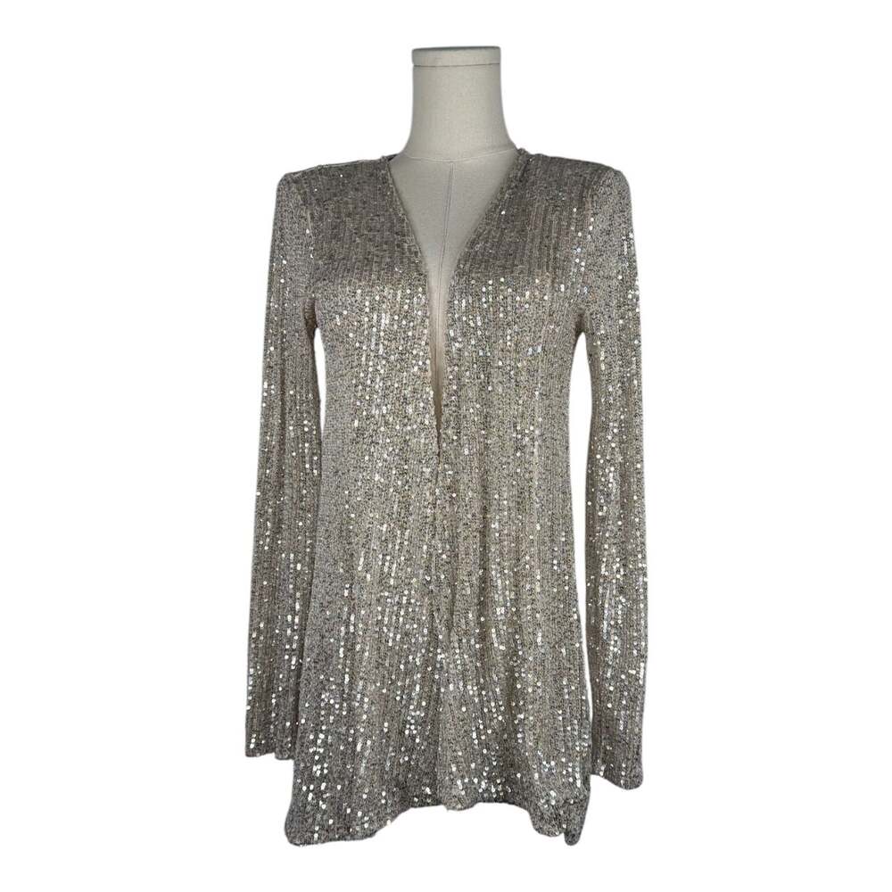 Blanc Woman Sparkling Gold Sequined Long Sleeve Cardigan Jacket Small
